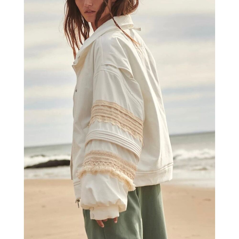 Free People Movement Solstice White Jacket XS NEW Crochet Ivory Fringe Bomber